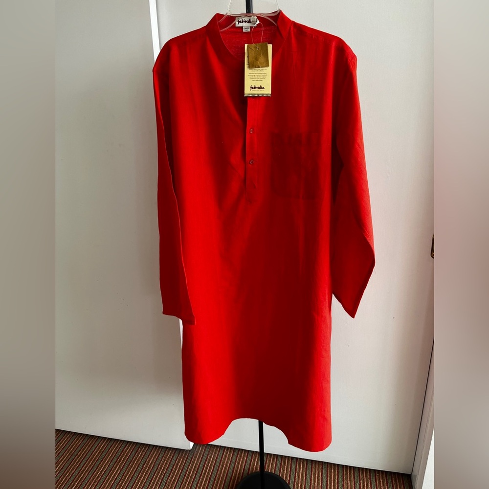 NWT FABINDIA Men's Orange 🍊 Woven 100% Khadi Cotton long Nehru Kurta Medium